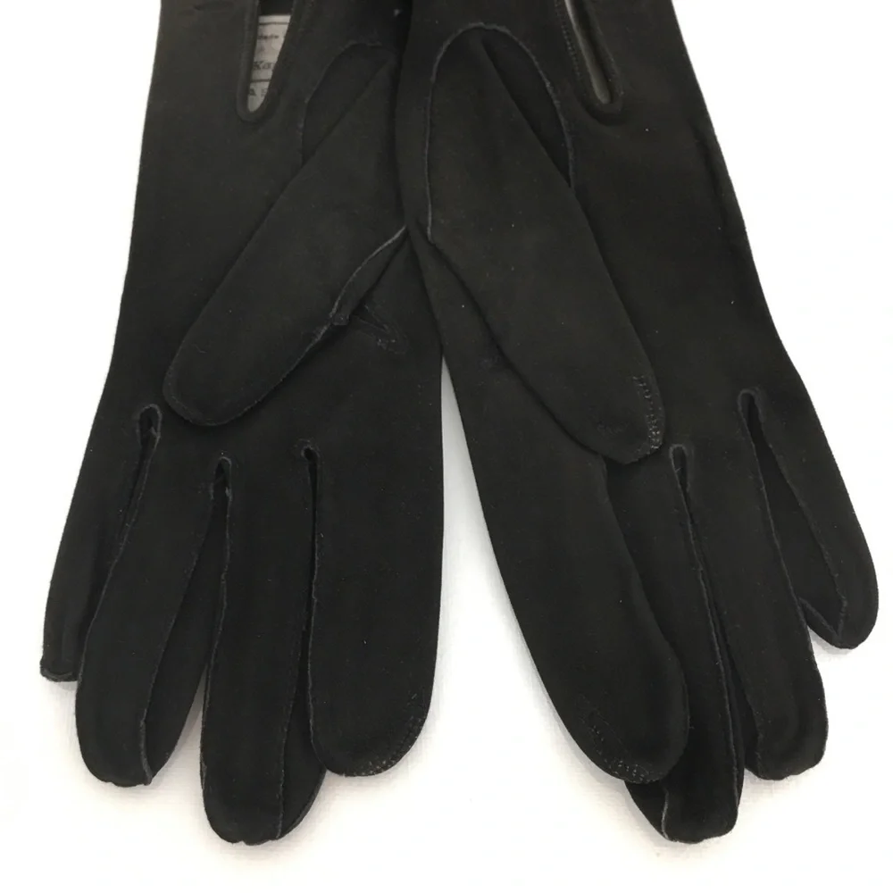 Vintage Kay Fuchs Faux Suede Leather Gloves Black 66378 Made in France